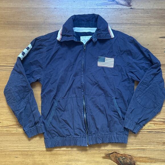 Too Cool Vintage dark blue American flag patch full zip bomber jacket SIZE S - Picture 1 of 6